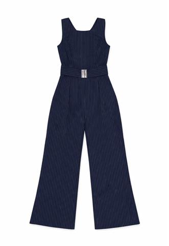 Macacão Eva Bella Risca de Giz Azul Marinho