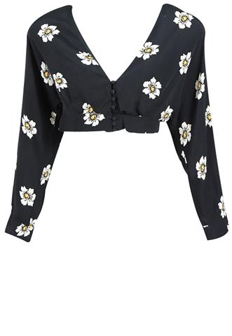 Blusa Zara Cropped Floral Preta/Branca